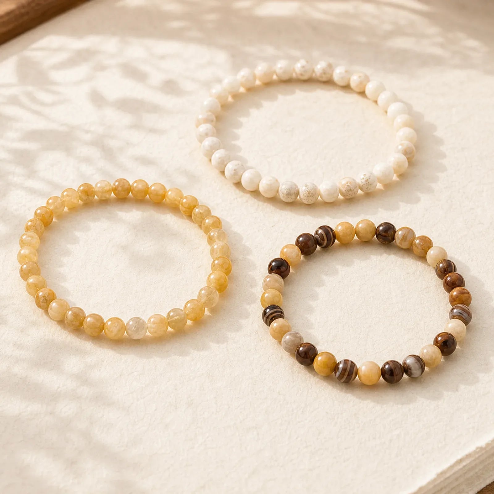3pcs "Return to Stillness" White Fossil Elegant Bracelet Includes Gift Message Card featuring White Fossil, Topaz, Brown Striped Agate