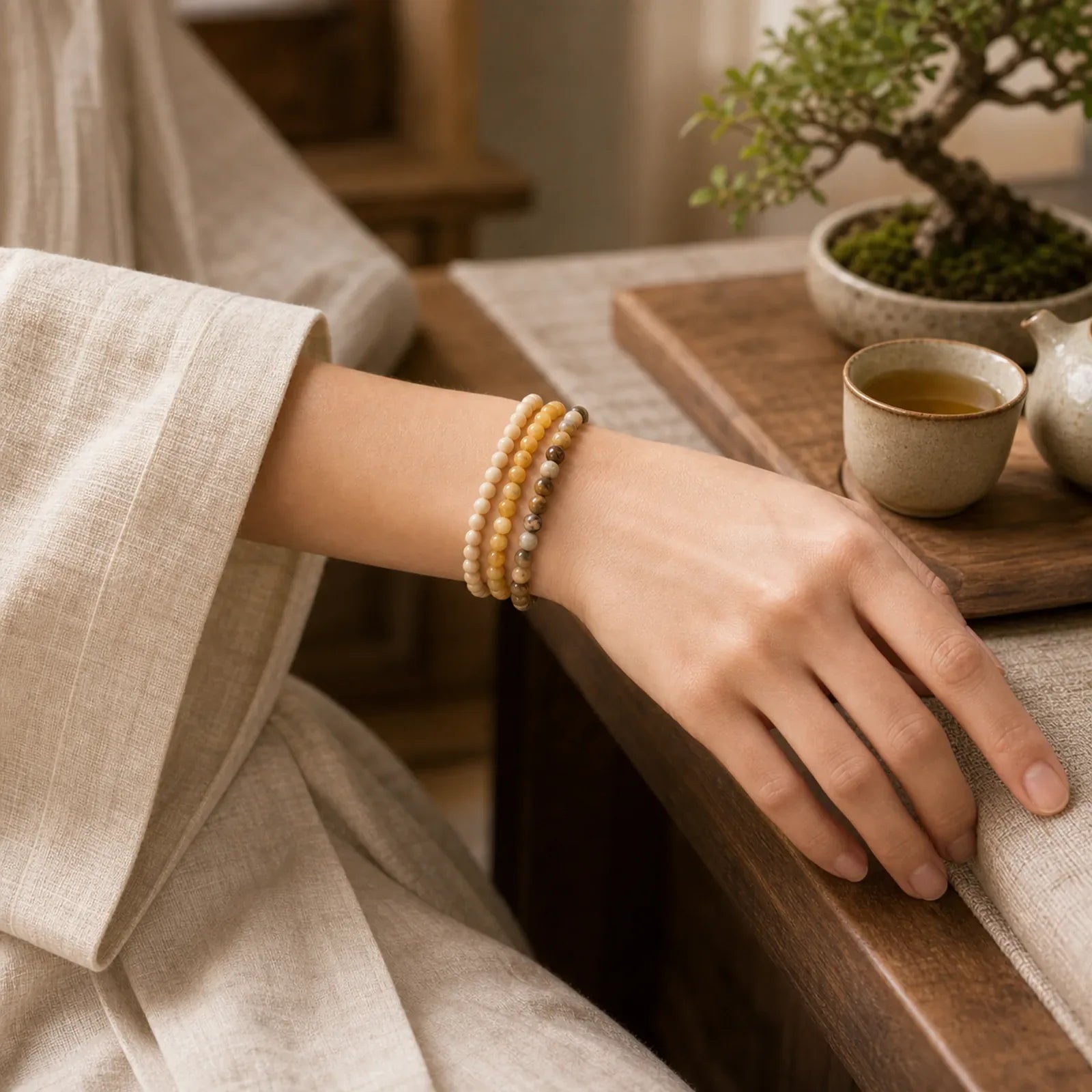 3pcs "Return to Stillness" White Fossil Elegant Bracelet Includes Gift Message Card featuring White Fossil, Topaz, Brown Striped Agate