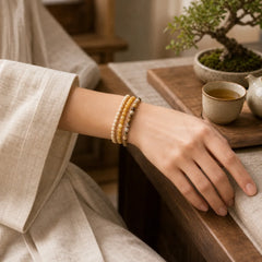 3pcs "Return to Stillness" White Fossil Elegant Bracelet Includes Gift Message Card featuring White Fossil, Topaz, Brown Striped Agate