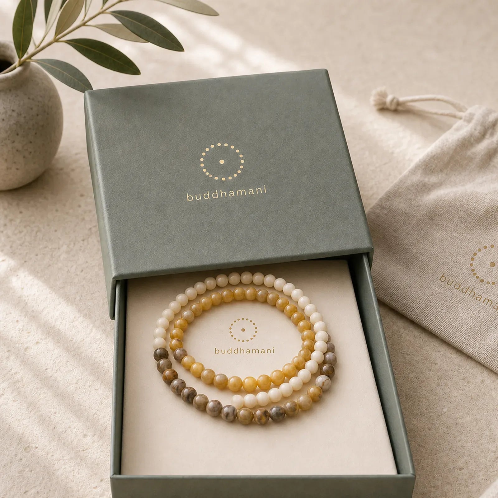 3pcs "Return to Stillness" White Fossil Elegant Bracelet Includes Gift Message Card featuring White Fossil, Topaz, Brown Striped Agate