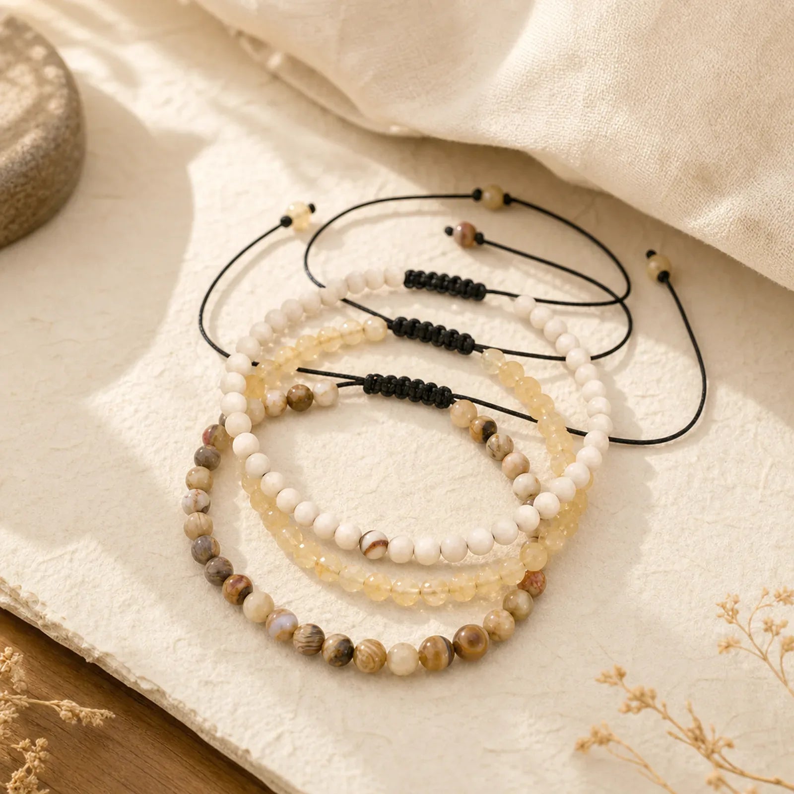 3pcs "Return to Stillness" White Fossil Grounding Bracelet Includes Gift Message Card featuring White Fossil, Topaz, Brown Striped Agate