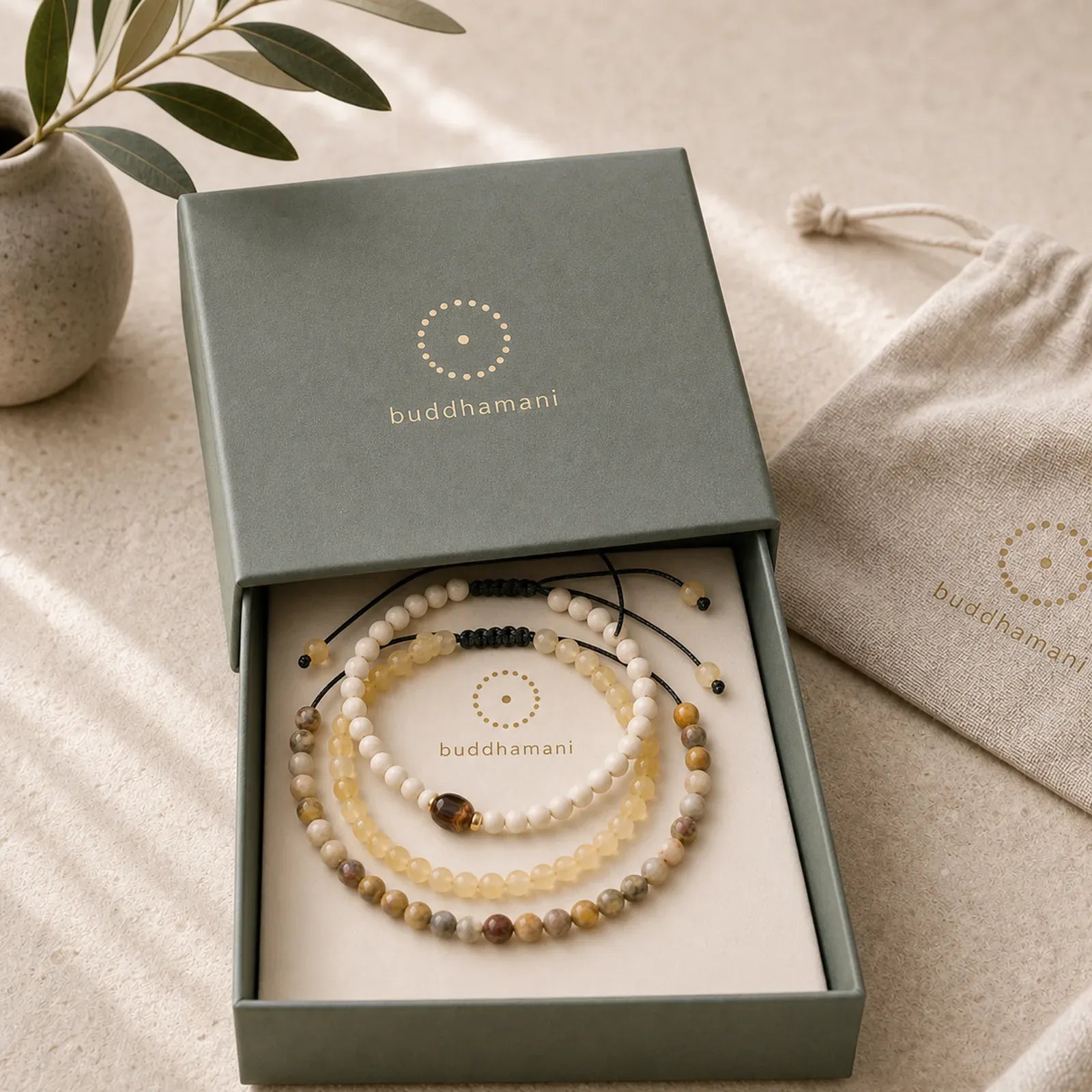 3pcs "Return to Stillness" White Fossil Grounding Bracelet Includes Gift Message Card featuring White Fossil, Topaz, Brown Striped Agate