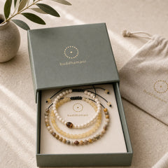 3pcs "Return to Stillness" White Fossil Grounding Bracelet Includes Gift Message Card featuring White Fossil, Topaz, Brown Striped Agate