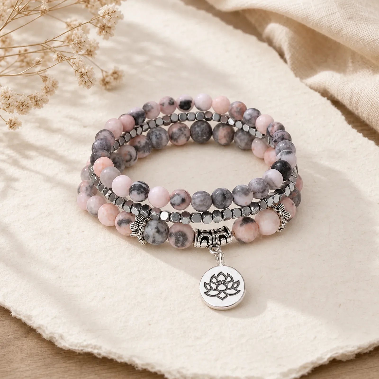 3pcs Zebra Jasper Lotus Enlightenment Beaded Bracelet featuring Zebra Jasper, Lotus, Lotus Symbol