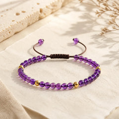 4mm Handmade Natural Amethyst 14k Gold Plated Copper Beads Braided String Relieves Stress Bracelet featuring Amethyst, Copper