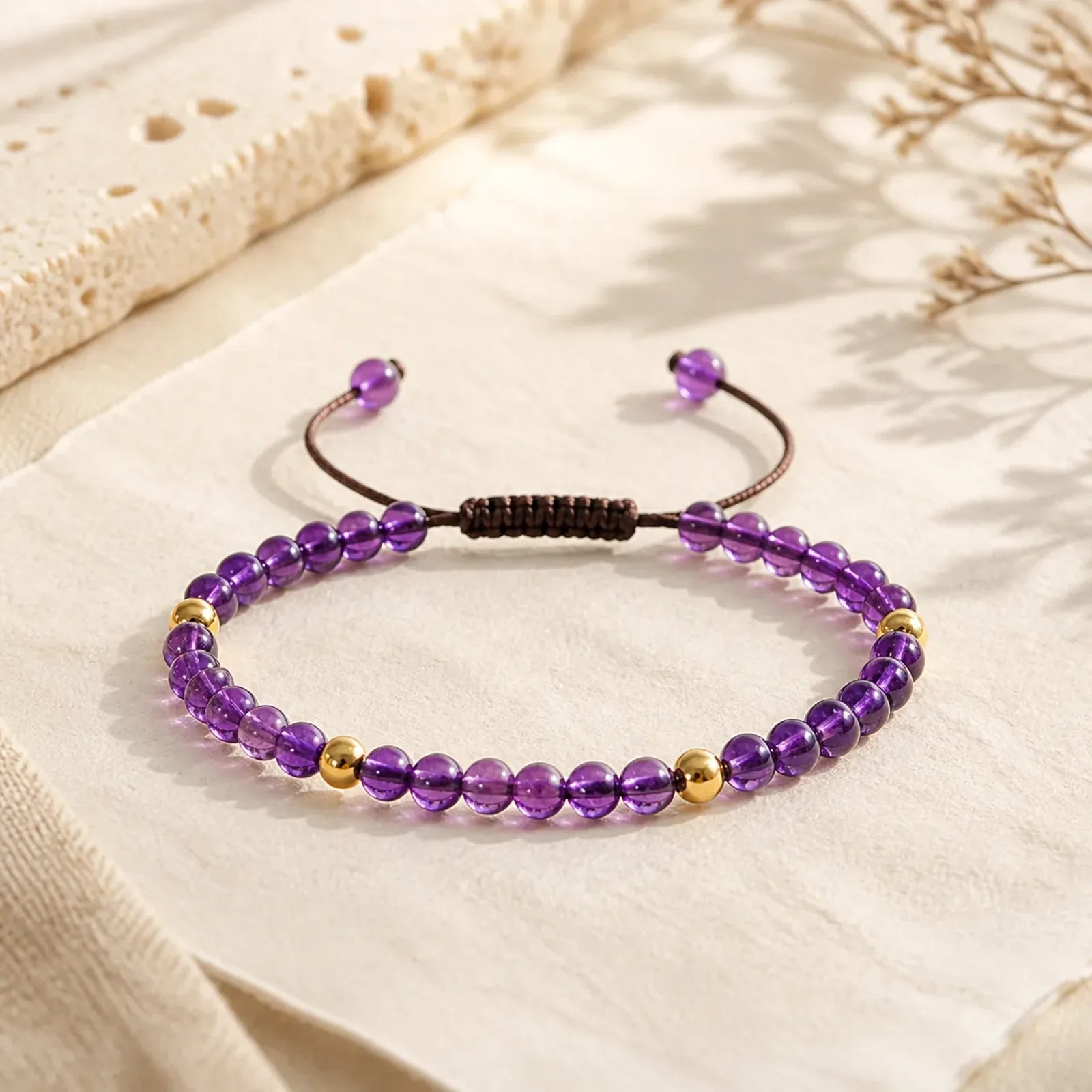 4mm Handmade Natural Amethyst 14k Gold Plated Copper Beads Braided String Relieves Stress Bracelet featuring Amethyst, Copper