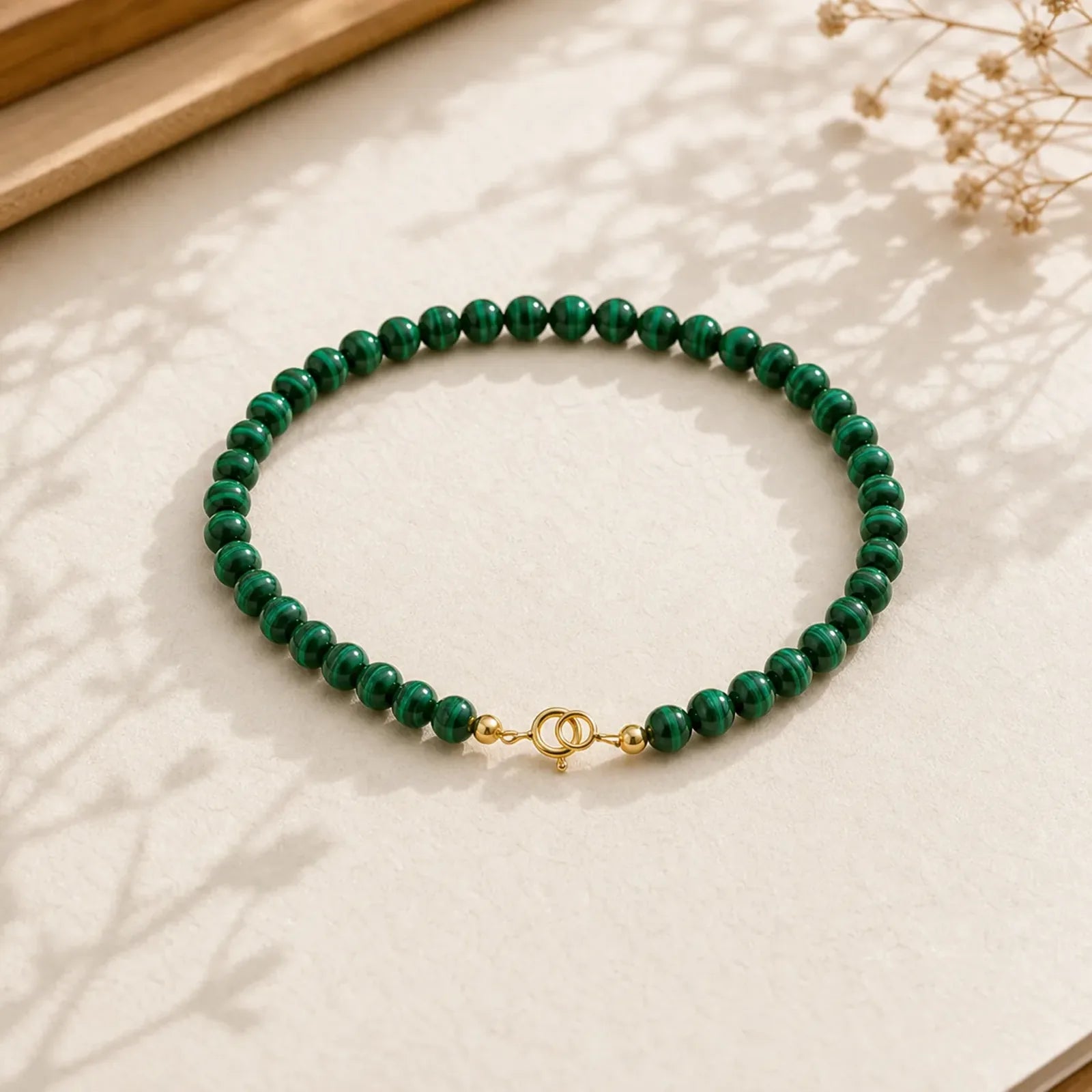 4mm Natural Malachite Beads 14k Gold Plated Copper Anti-anxiety Bracelet featuring Malachite, Copper