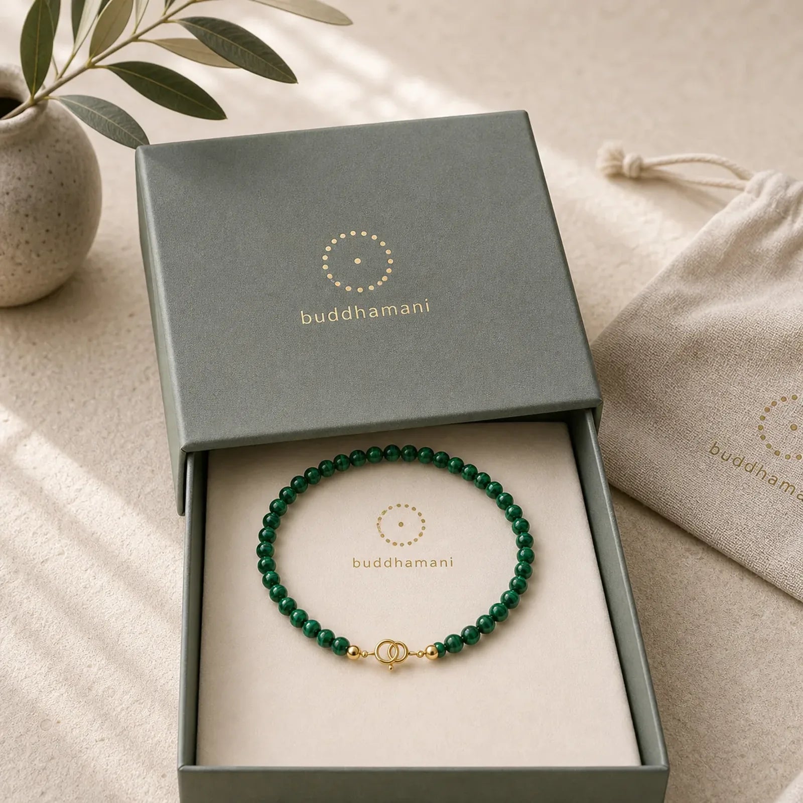4mm Natural Malachite Beads 14k Gold Plated Copper Anti-anxiety Bracelet featuring Malachite, Copper