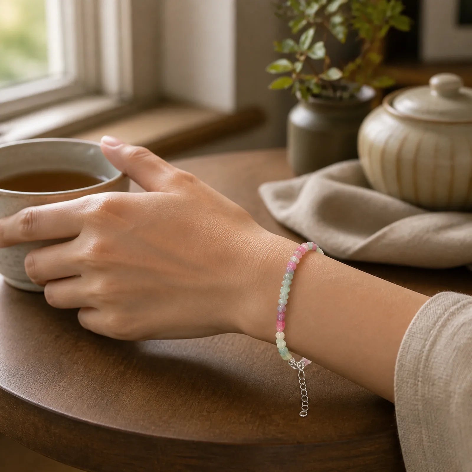 4mm Ultra-thin Tourmaline Irregular Beads Positive Chain Bracelet featuring Tourmaline, Copper