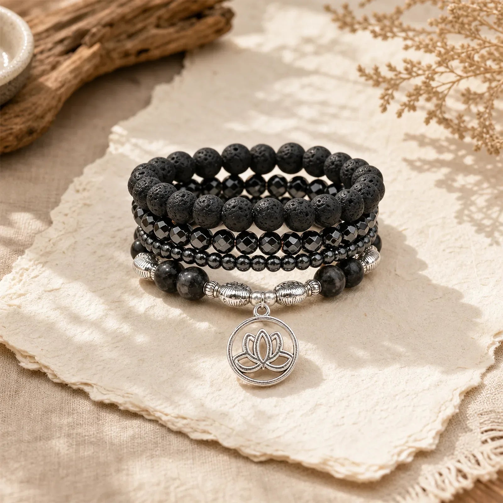 4pcs Lava Rock Lotus New Beginning Bracelet featuring Lava Rock, Lotus, Lotus Symbol