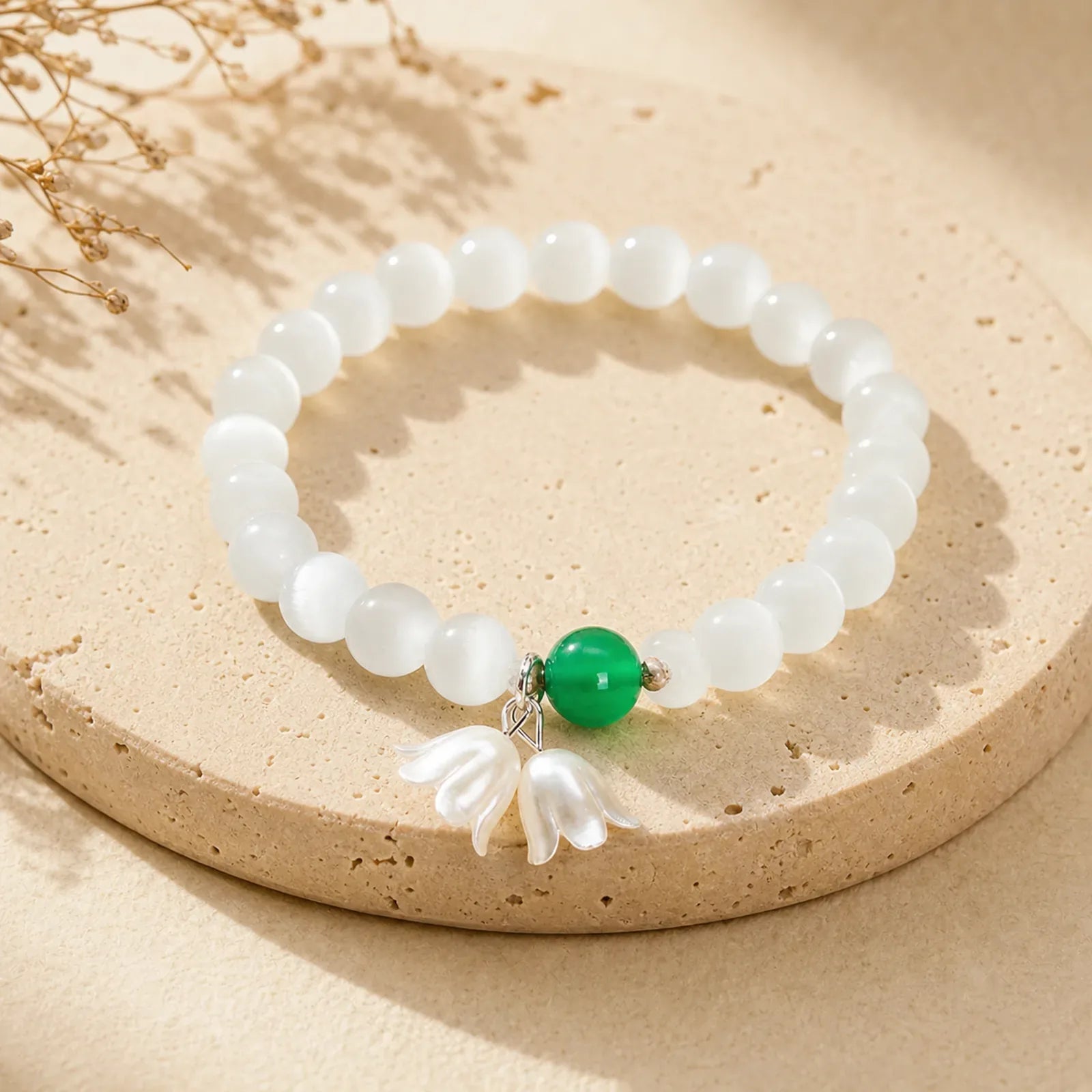 8mm White Cat's Eye Round Beads Lily of the Valley Flowers Positive Bracelet featuring White Cat's Eye, Cat's Eye / Chrysoberyl, Pearl