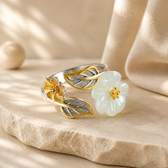 925 Silver Plated Copper White Jade Plum Flower Leaf Luck Ring featuring Silver, Copper, White Jade