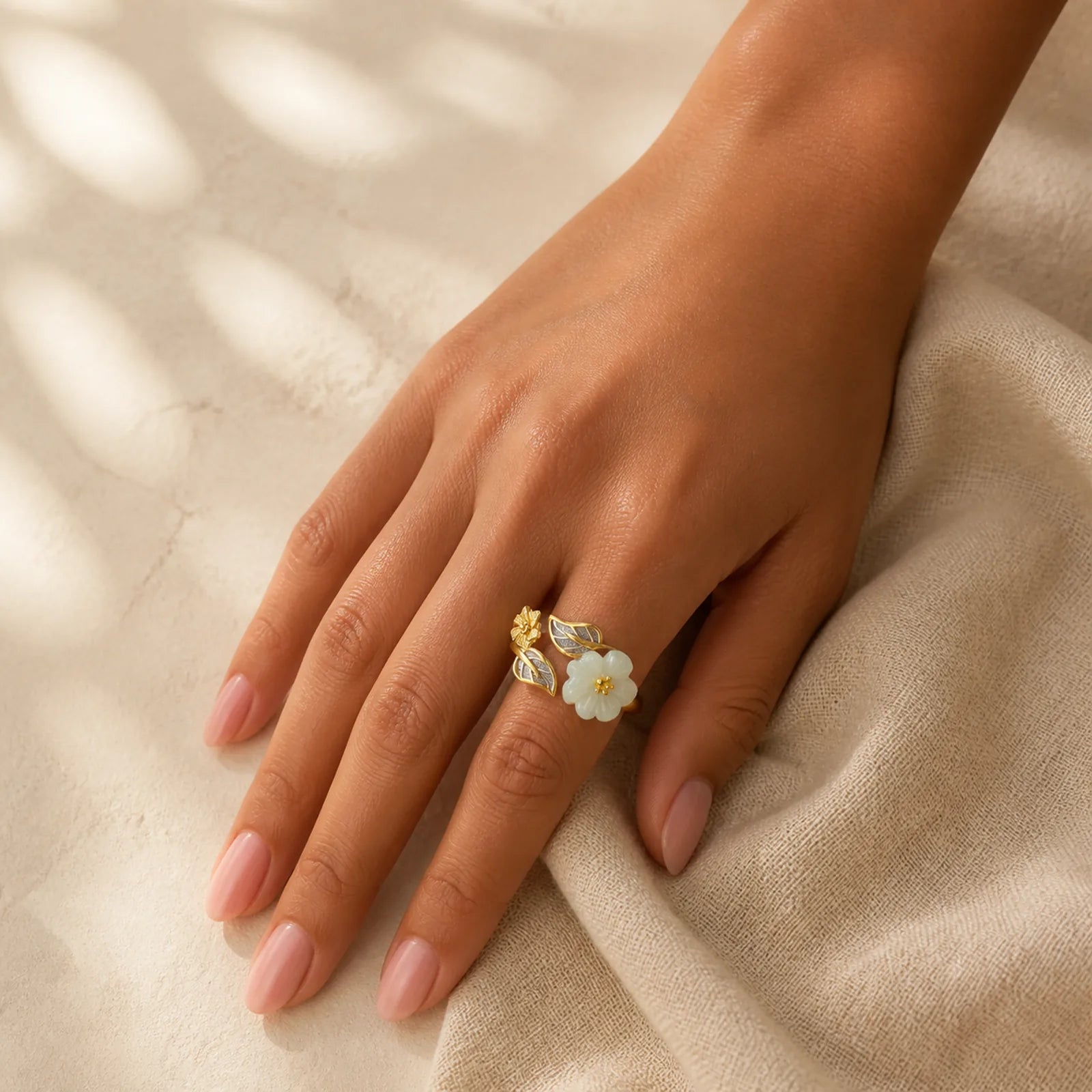925 Silver Plated Copper White Jade Plum Flower Leaf Luck Ring featuring Silver, Copper, White Jade