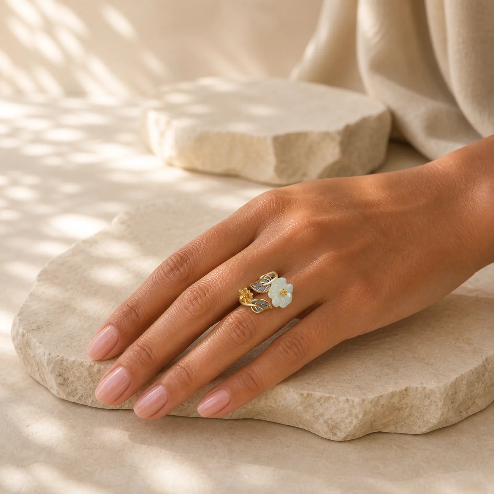 925 Silver Plated Copper White Jade Plum Flower Leaf Luck Ring featuring Silver, Copper, White Jade