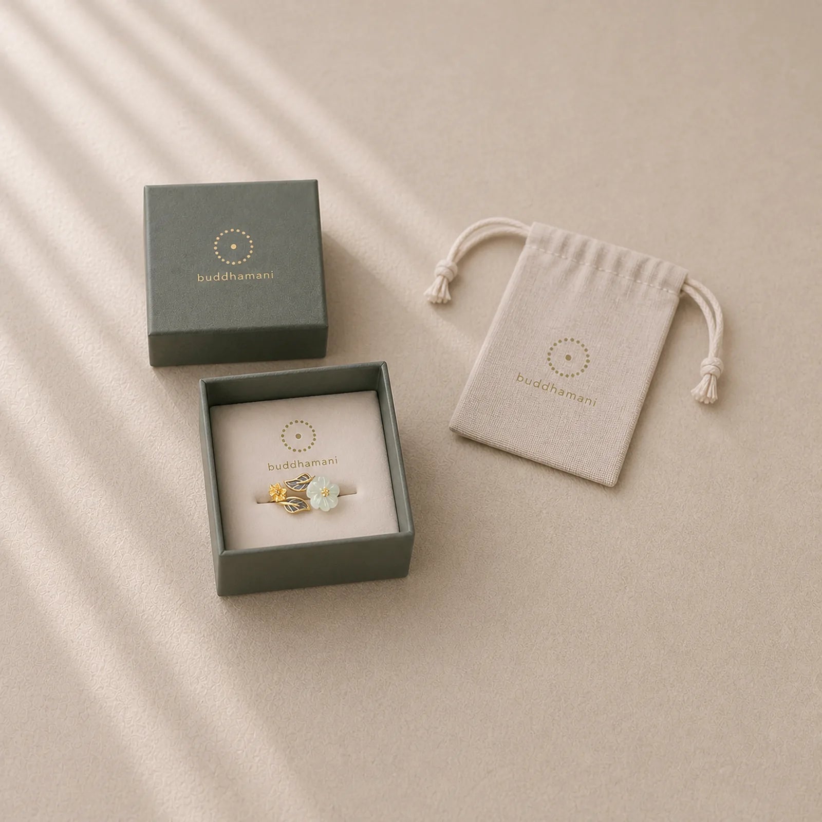 925 Silver Plated Copper White Jade Plum Flower Leaf Luck Ring featuring Silver, Copper, White Jade