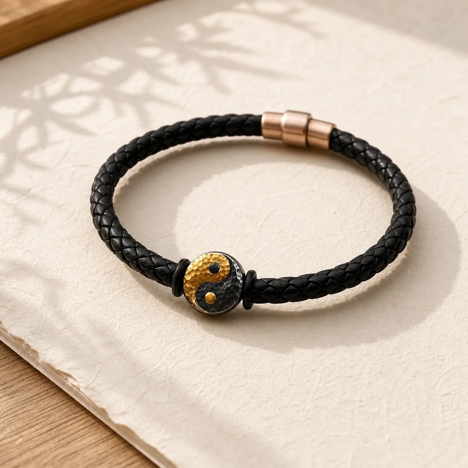 925 Sterling Silver 999 Gold Yin Yang Bagua Symbol Balance Leather Bracelet featuring Silver, Bagua, Yin Yang Symbol