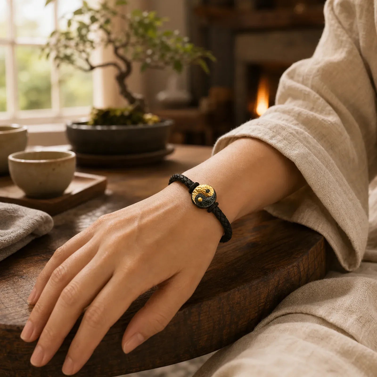 925 Sterling Silver 999 Gold Yin Yang Bagua Symbol Balance Leather Bracelet featuring Silver, Bagua, Yin Yang Symbol