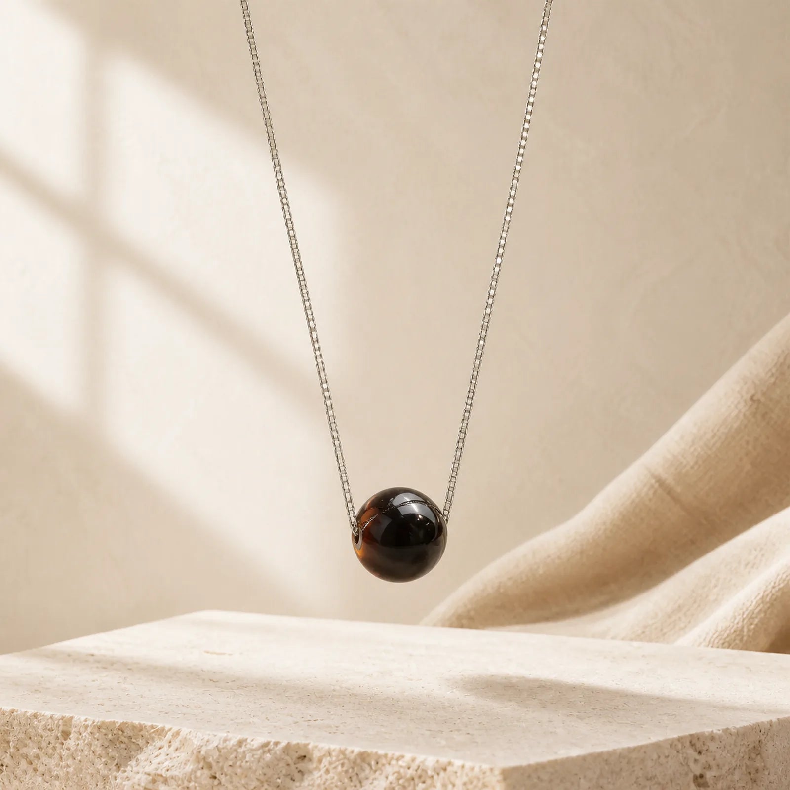 925 Sterling Silver Amber Round Bead Confidence Focus Pendant Necklace featuring Silver, Amber