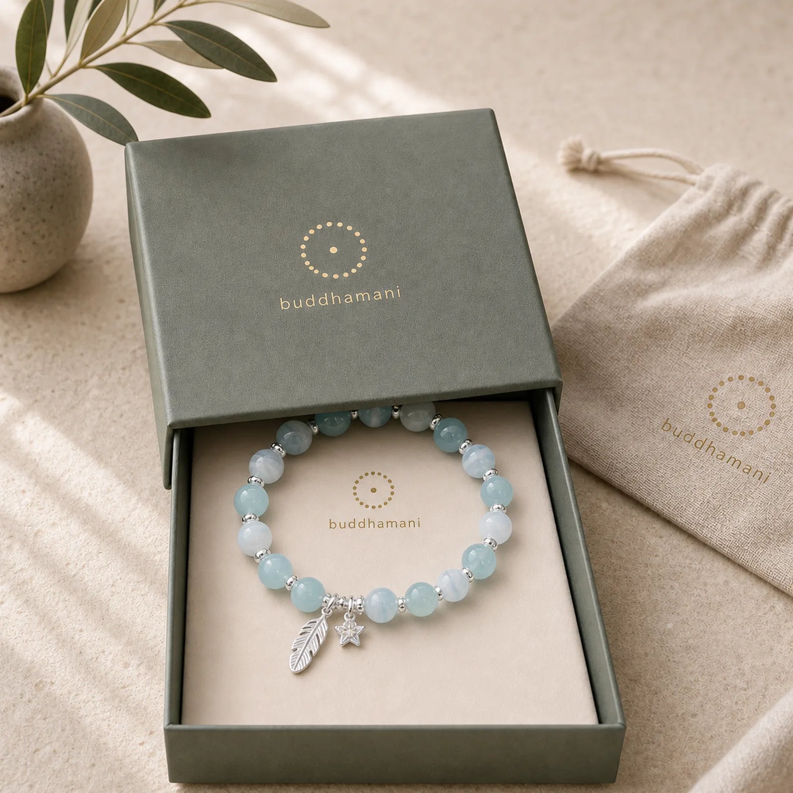 925 Sterling Silver Aquamarine Cat's Eye Healing Feather Star Charm Bracelet featuring Silver, Aquamarine, Cat's Eye / Chrysoberyl
