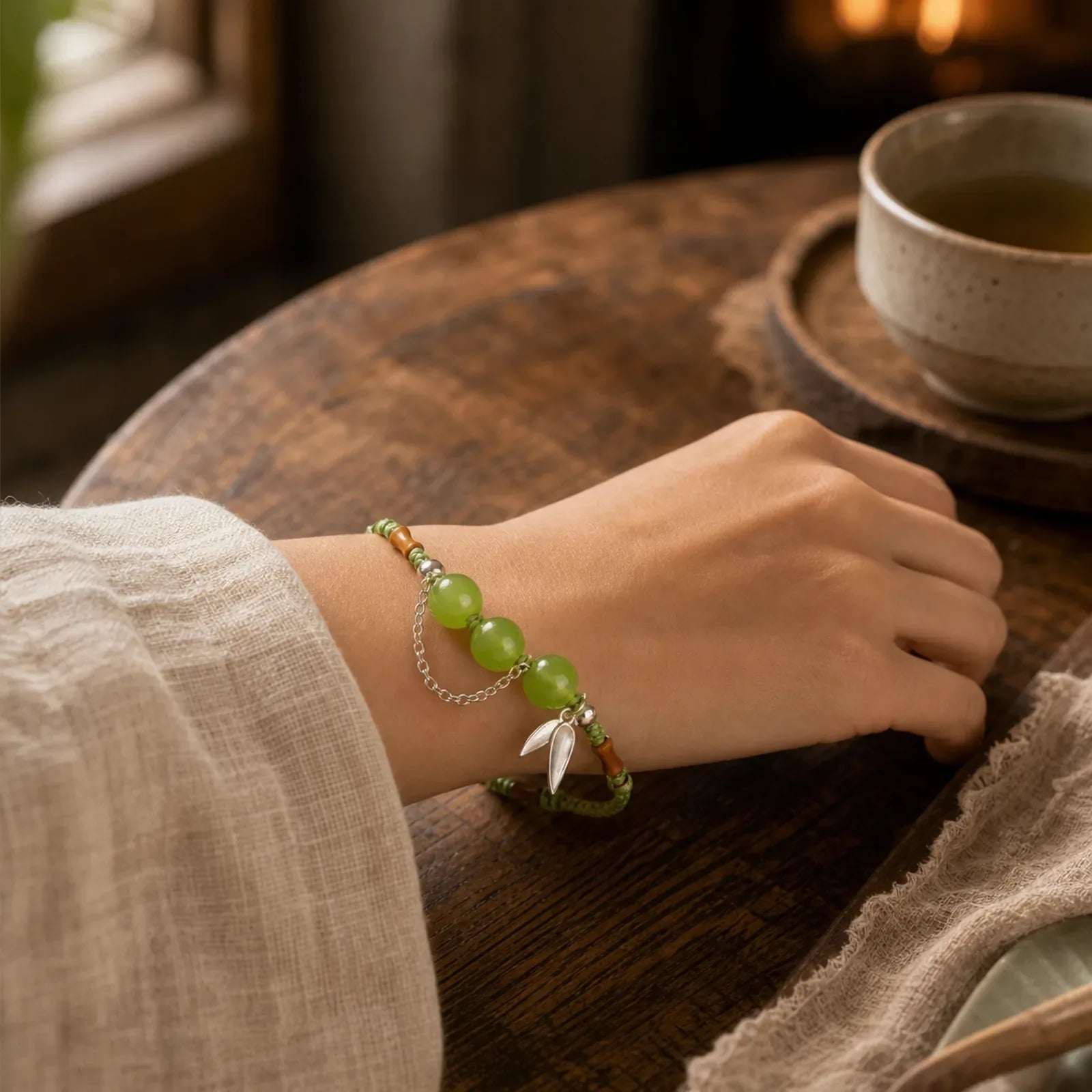 925 Sterling Silver Bamboo Leaves Hetian Jade Chalcedony Beads Blessing Braided Bracelet featuring Silver, Bamboo, Jade
