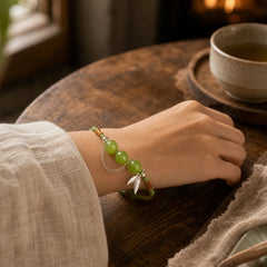 925 Sterling Silver Bamboo Leaves Hetian Jade Chalcedony Beads Blessing Braided Bracelet featuring Silver, Bamboo, Jade