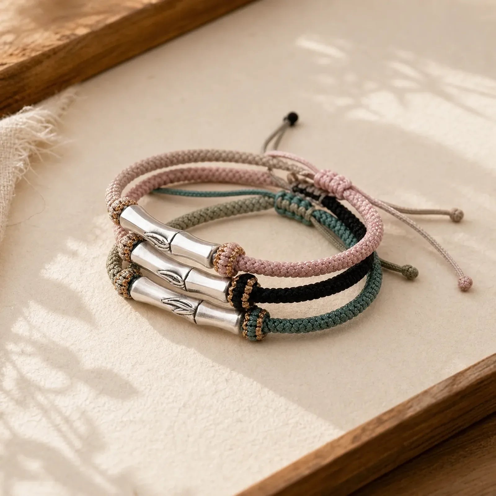 925 Sterling Silver Bamboo Protection Braided Bracelet featuring Silver, Bamboo