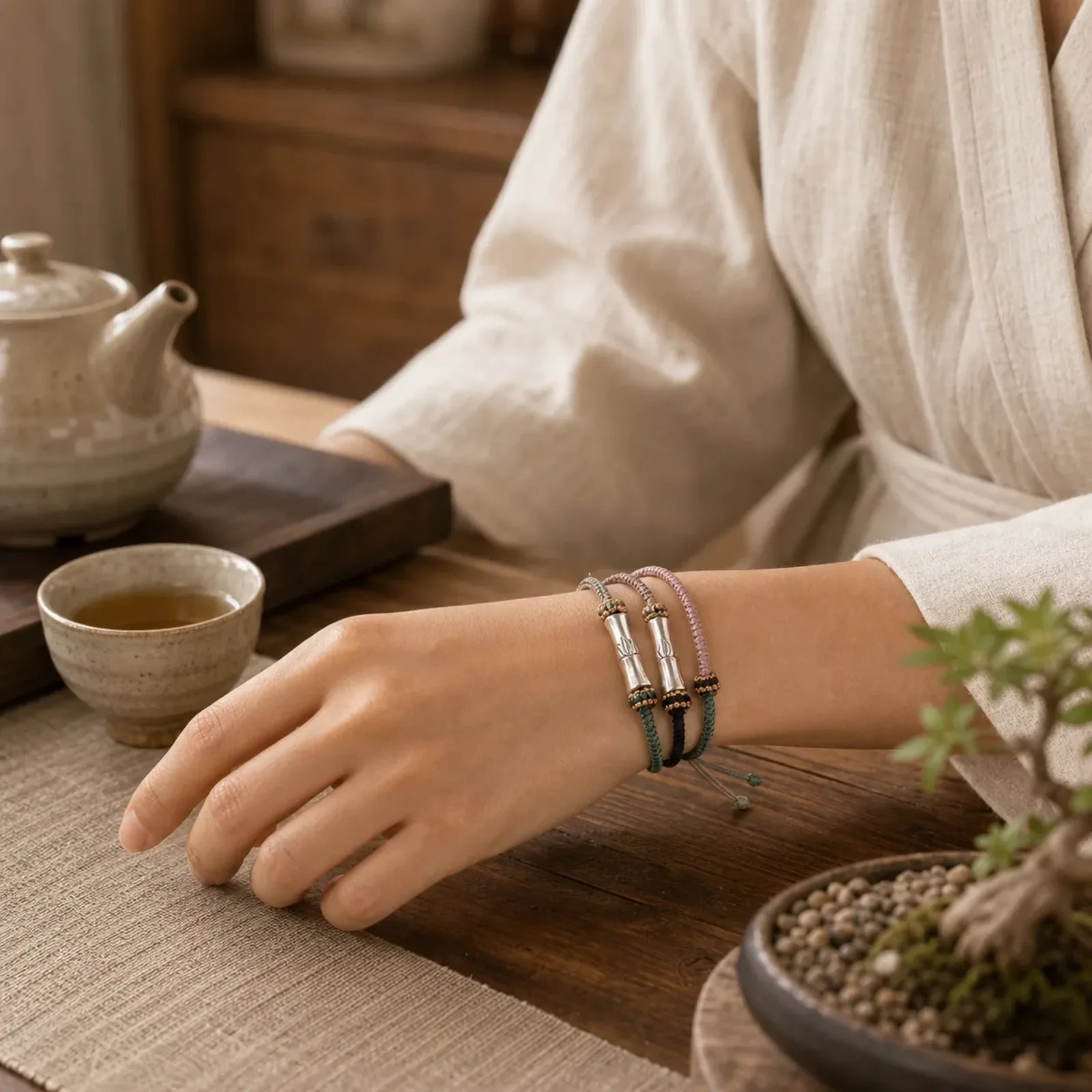 925 Sterling Silver Bamboo Protection Braided Bracelet featuring Silver, Bamboo