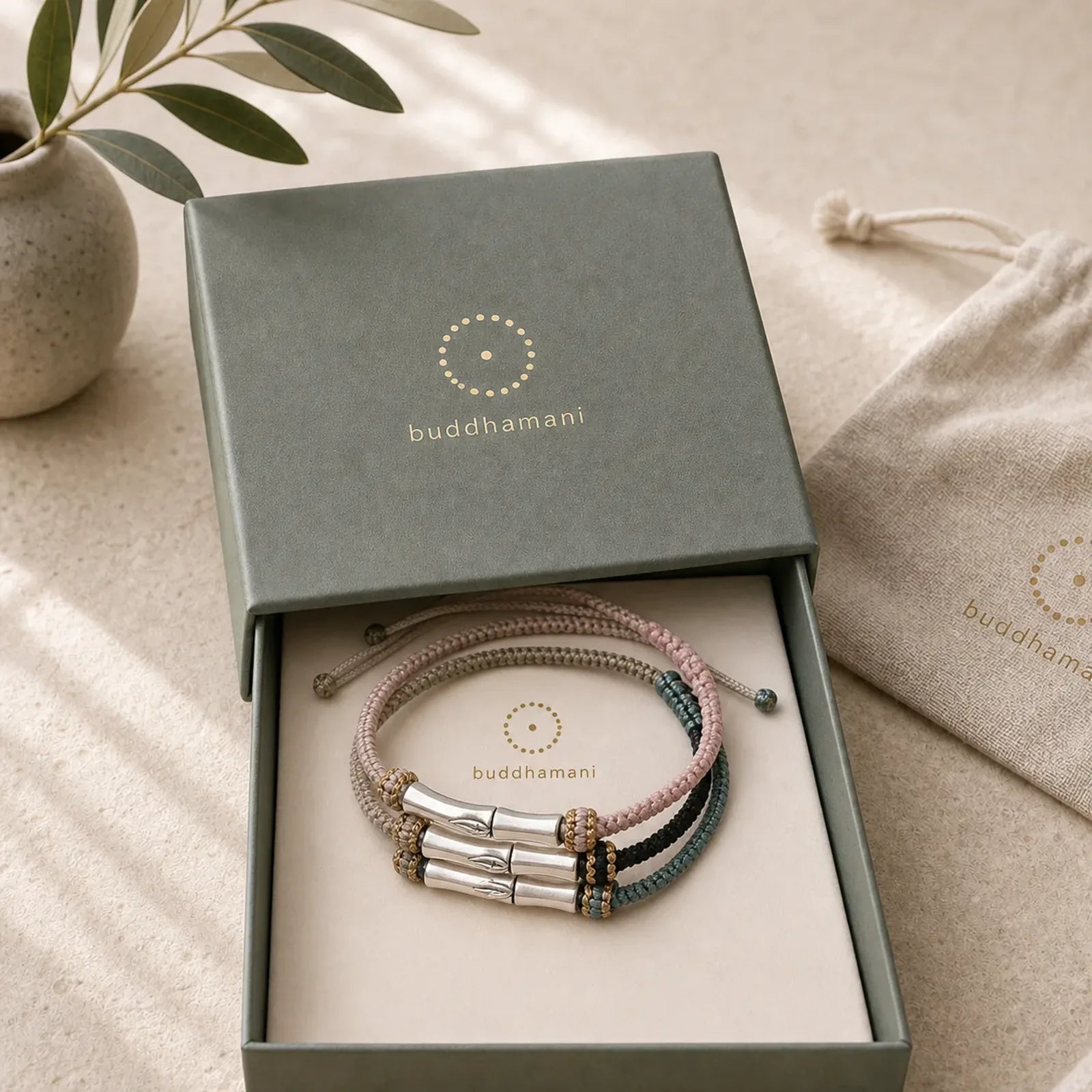 925 Sterling Silver Bamboo Protection Braided Bracelet featuring Silver, Bamboo