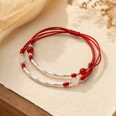 925 Sterling Silver Bamboo White Agate Red Agate Bead Protection String Braided Bracelet featuring Silver, Bamboo, White Agate