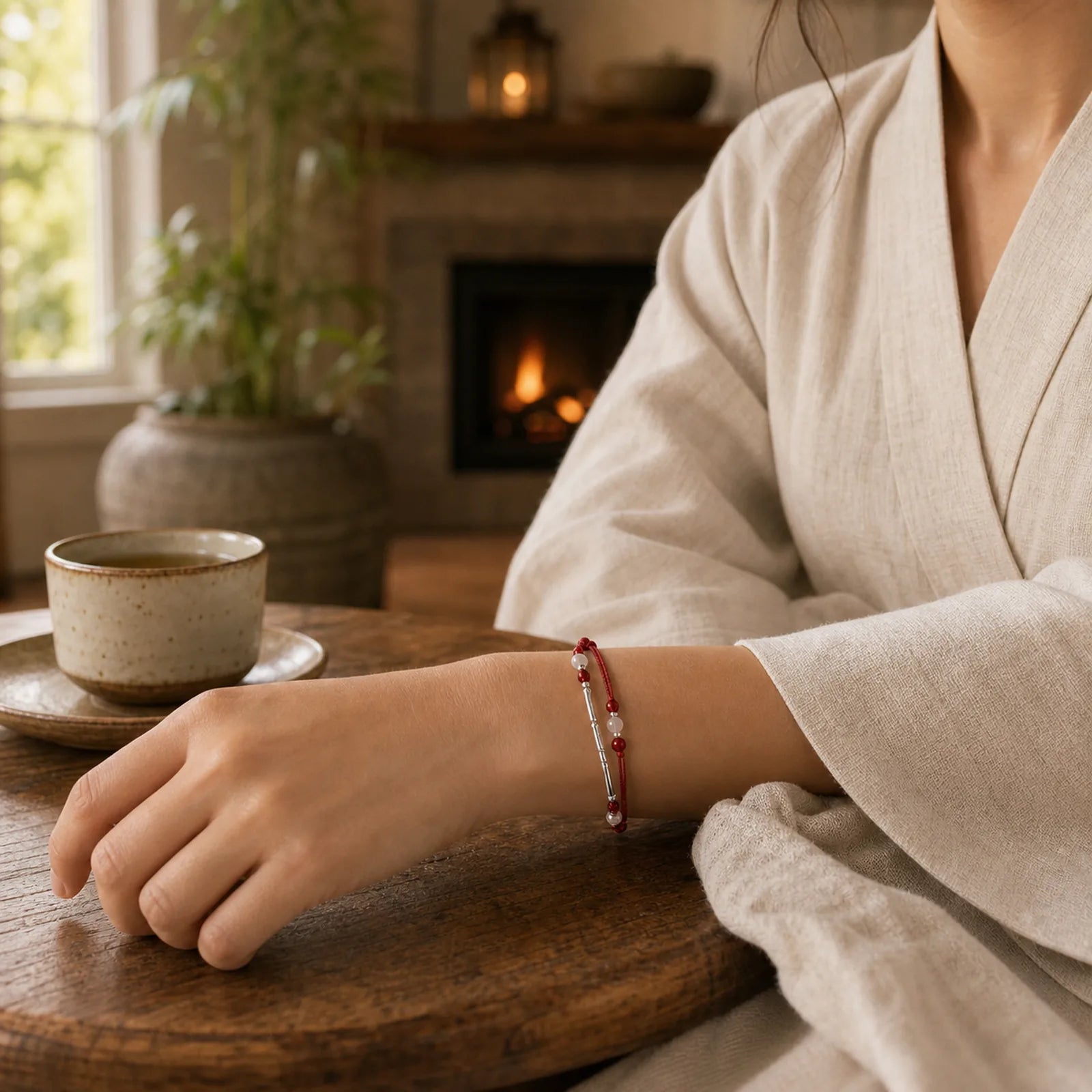 925 Sterling Silver Bamboo White Agate Red Agate Bead Protection String Braided Bracelet featuring Silver, Bamboo, White Agate