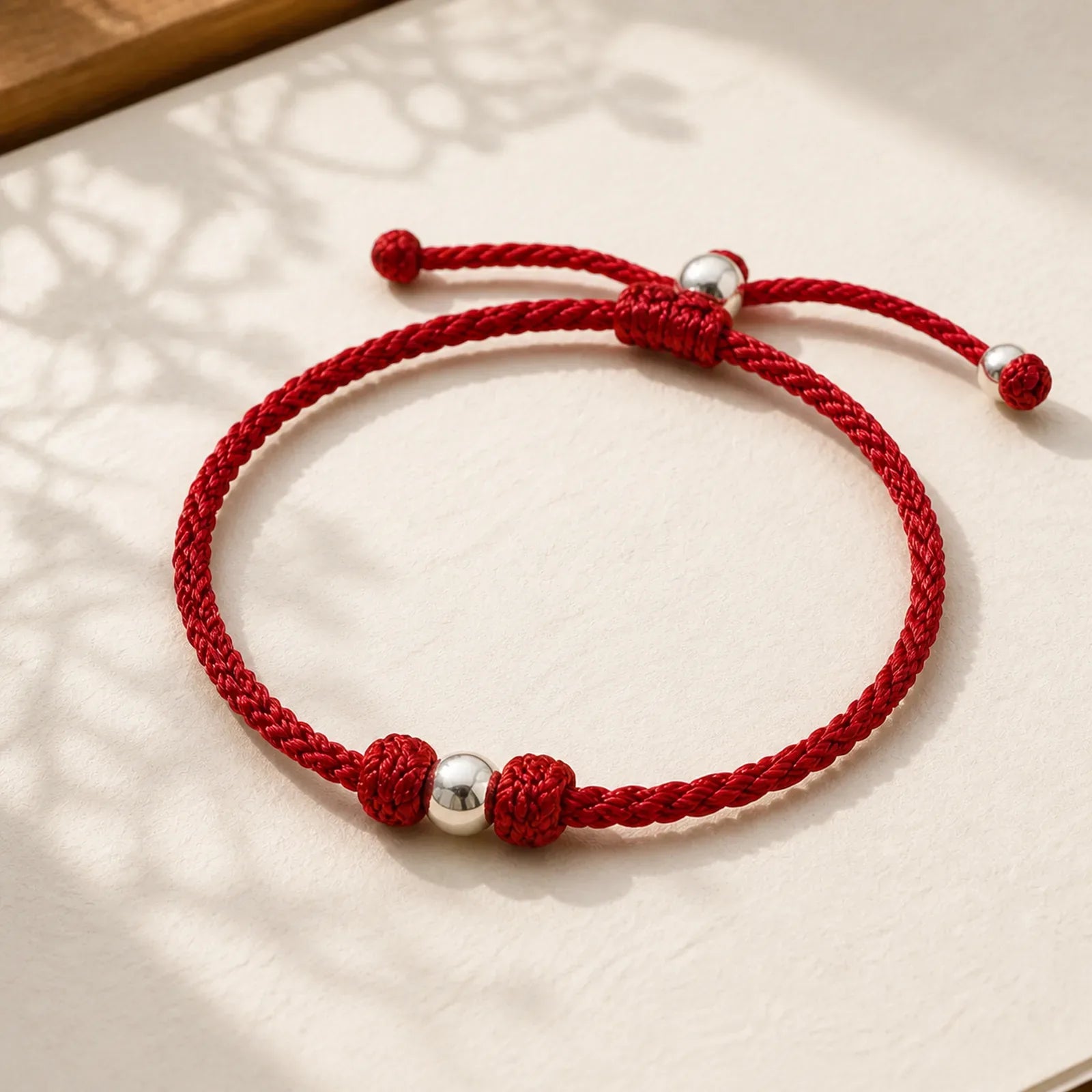 925 Sterling Silver Bead Red String Blessing Braided Bracelet featuring Silver, Red String
