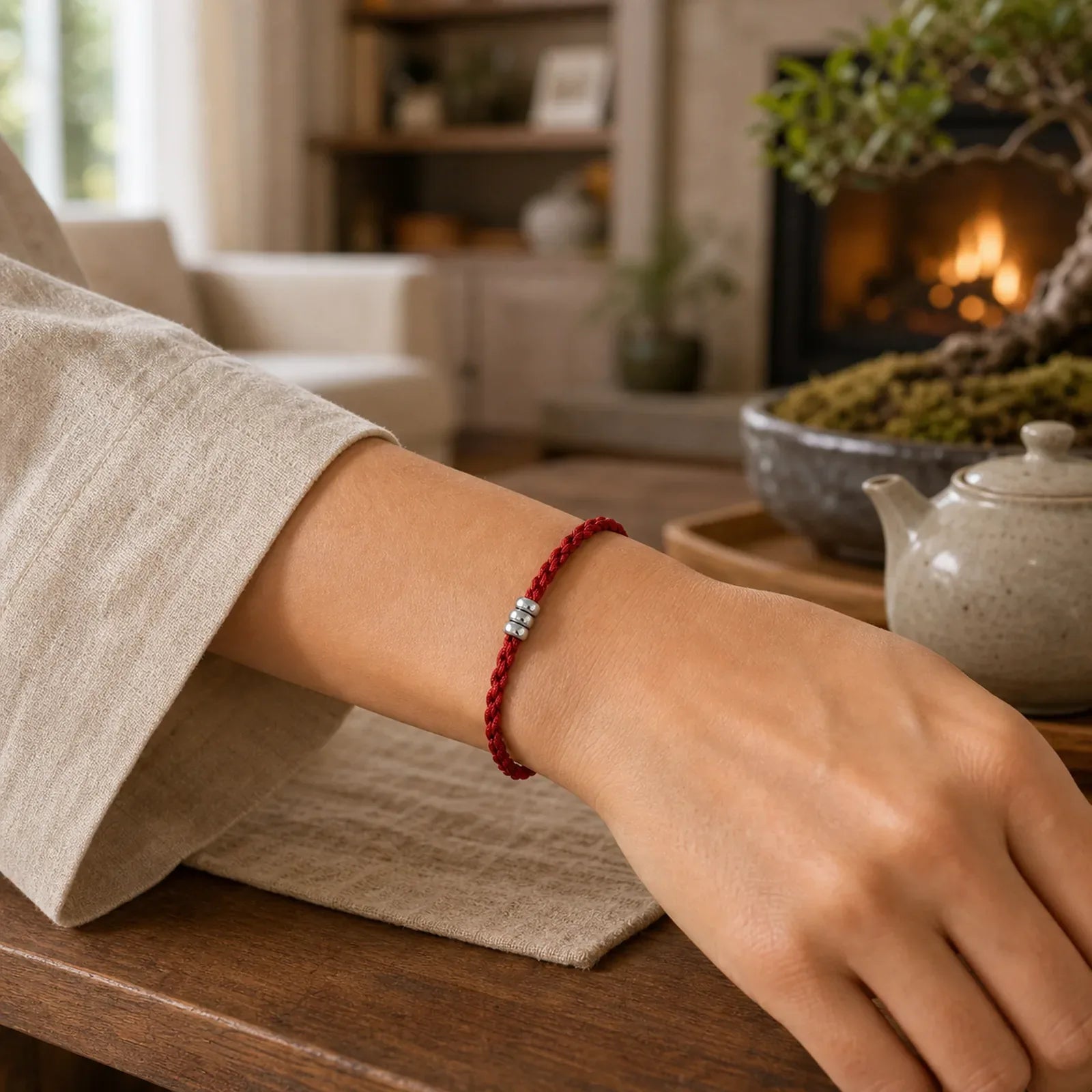 925 Sterling Silver Beads Protection Luck Braided Bracelet Anklet featuring Silver, Red String