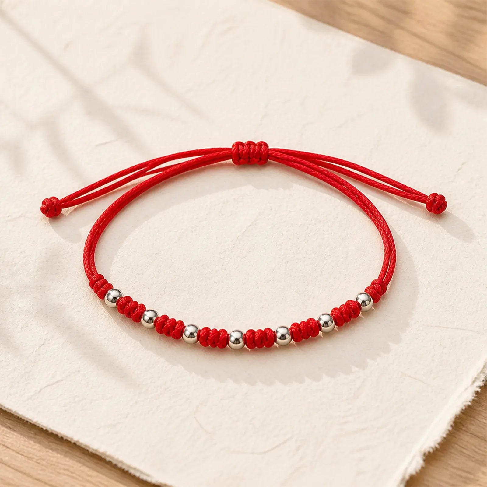 925 Sterling Silver Beads Red String Adjustable Luck Bracelet featuring Silver, Red String