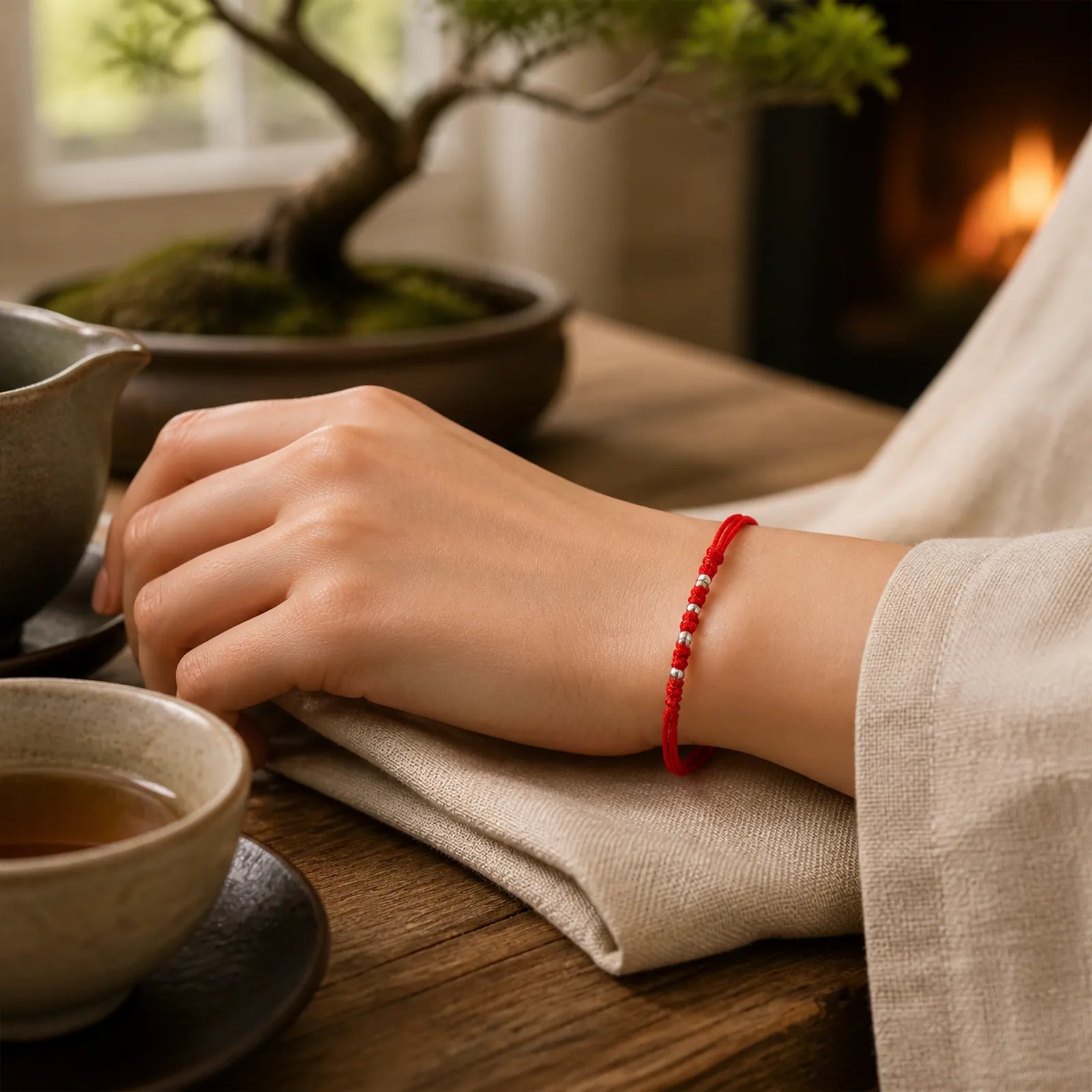 925 Sterling Silver Beads Red String Adjustable Luck Bracelet featuring Silver, Red String