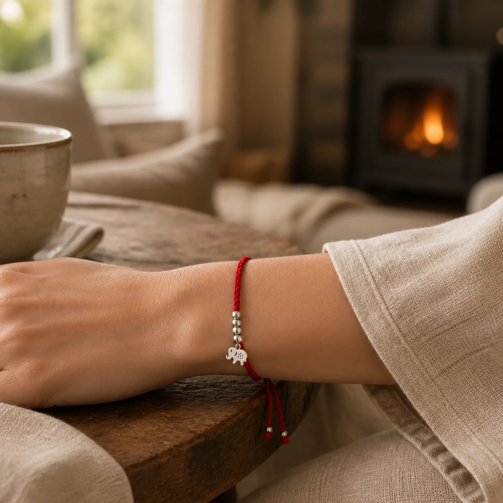 925 Sterling Silver Beads Snowflake Elephant Red String Luck Bracelet featuring Silver, Red String