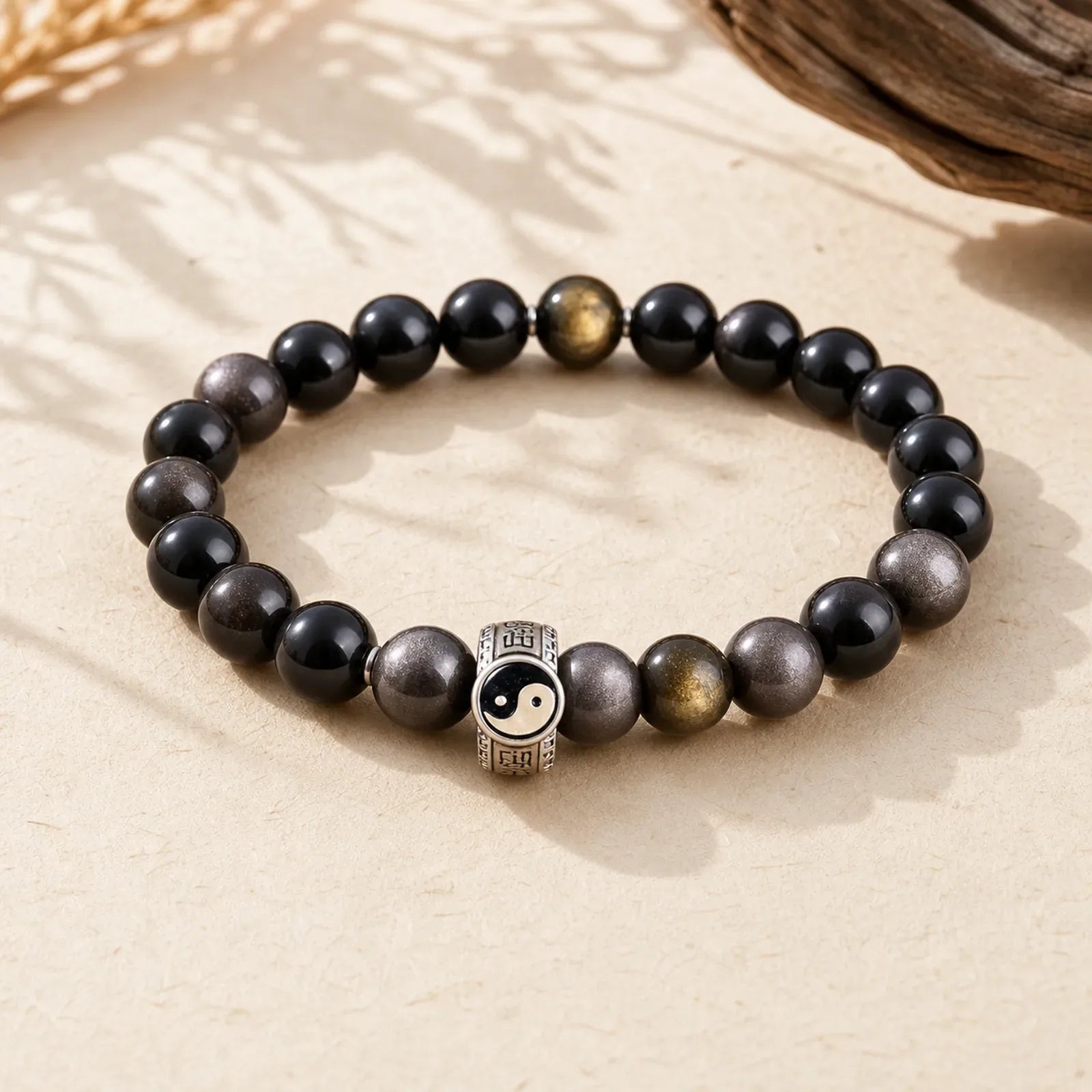 925 Sterling Silver Black Obsidian Gold Sheen Obsidian Silver Sheen Obsidian Yin Yang Protection Bracelet (Extra 35% Off | USE CODE: FS35) featuring Silver, Black Obsidian, Gold Sheen Obsidian