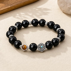925 Sterling Silver Black Obsidian Tiger Eye Eye of Providence Purification Bracelet featuring Silver, Black Obsidian, Tiger Eye