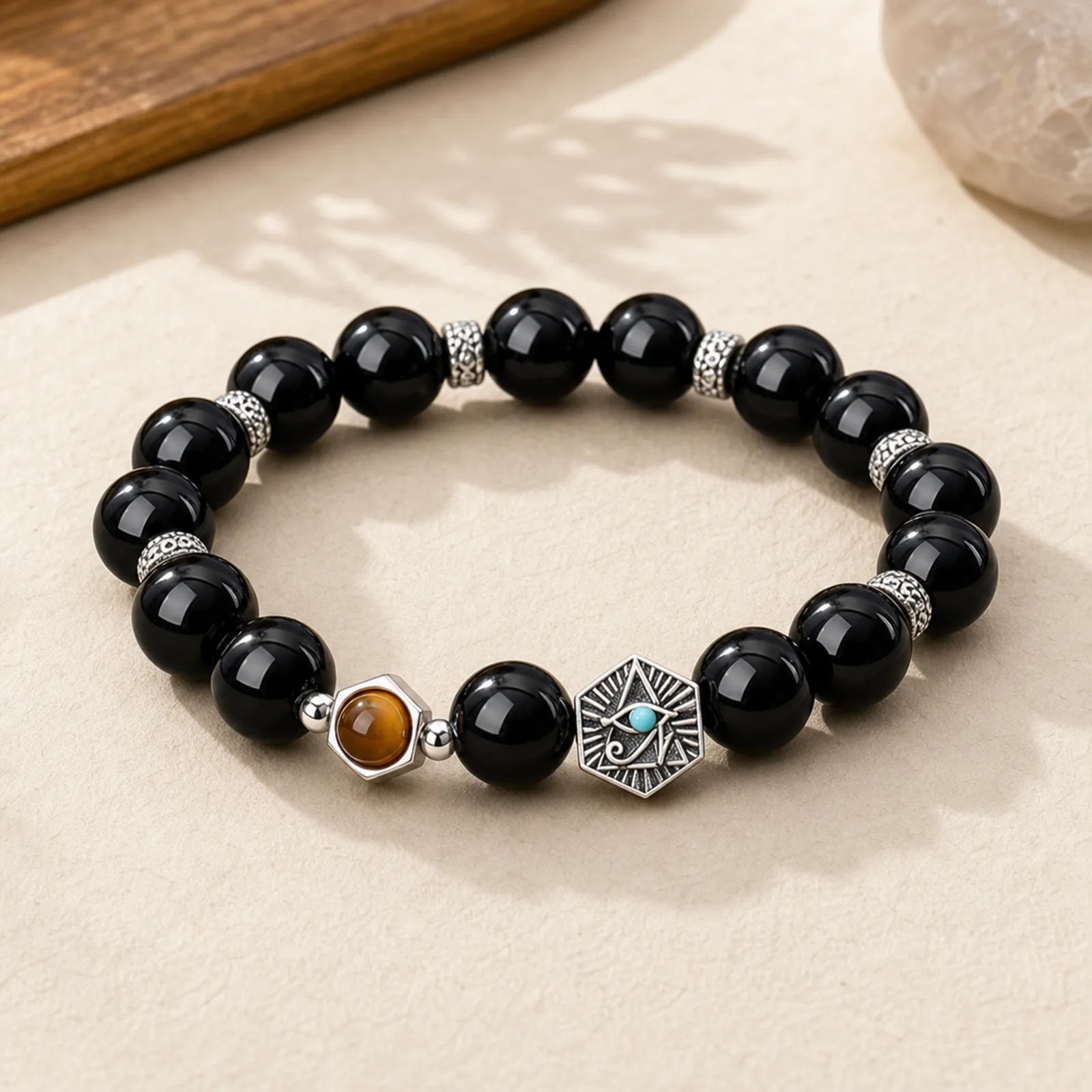 925 Sterling Silver Black Obsidian Tiger Eye Eye of Providence Purification Bracelet featuring Silver, Black Obsidian, Tiger Eye