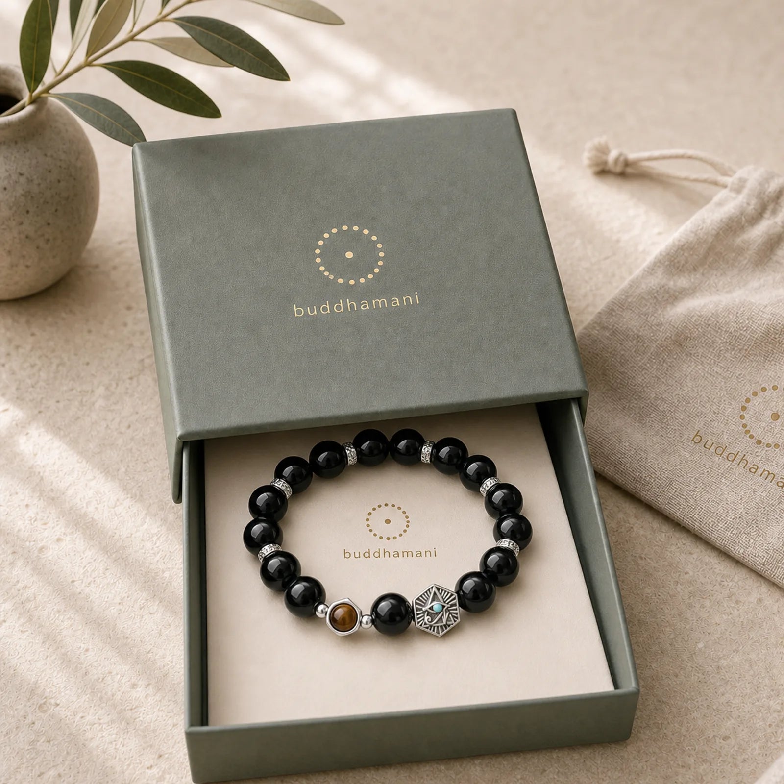 925 Sterling Silver Black Obsidian Tiger Eye Eye of Providence Purification Bracelet featuring Silver, Black Obsidian, Tiger Eye
