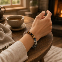 925 Sterling Silver Black Onyx Gold Sheen Obsidian Lava Rock Tiger Eye Six True Words Wealth Protection Bracelet featuring Silver, Black Onyx, Gold Sheen Obsidian