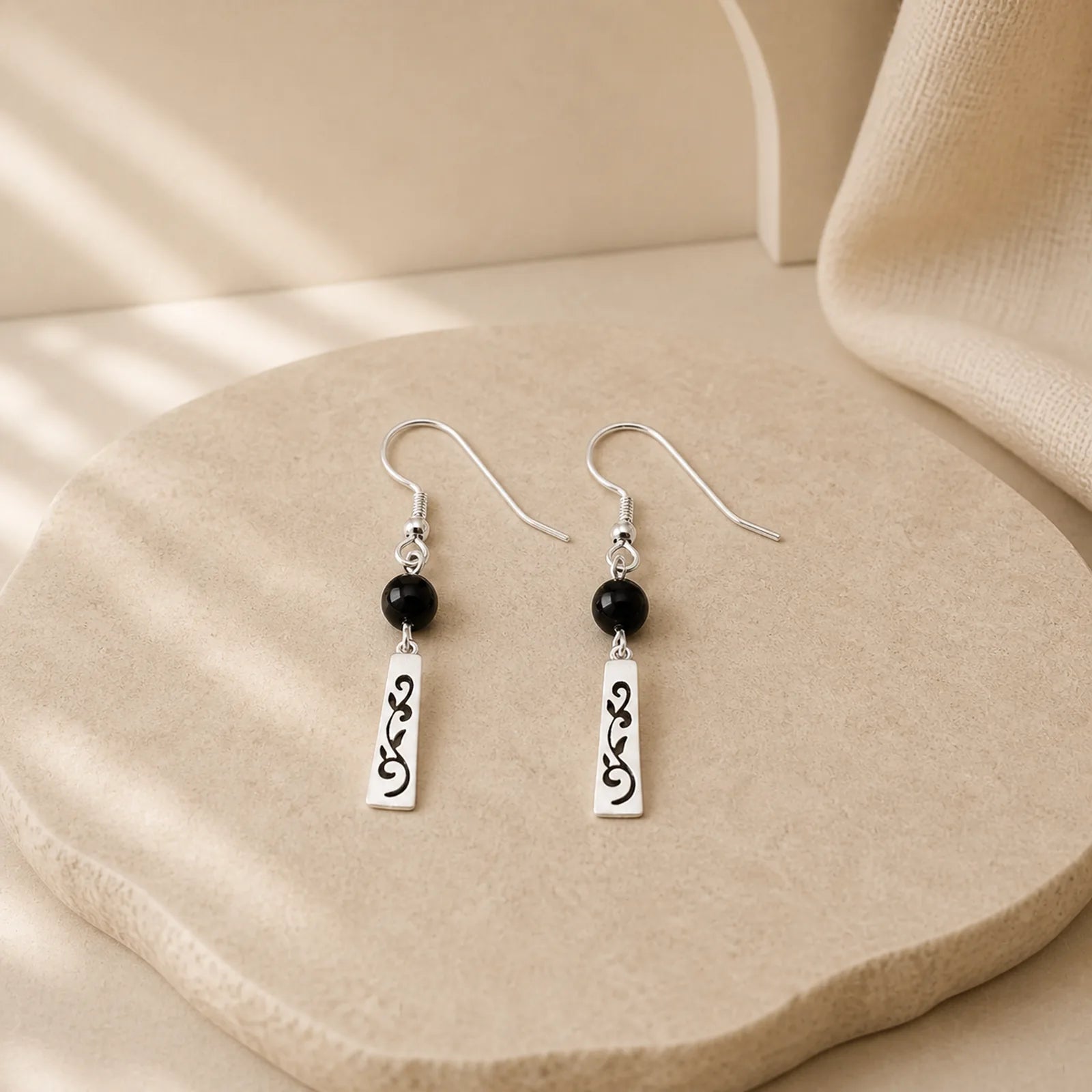 925 Sterling Silver Black Onyx Hollow Vine Protection Drop Earrings featuring Silver, Black Onyx