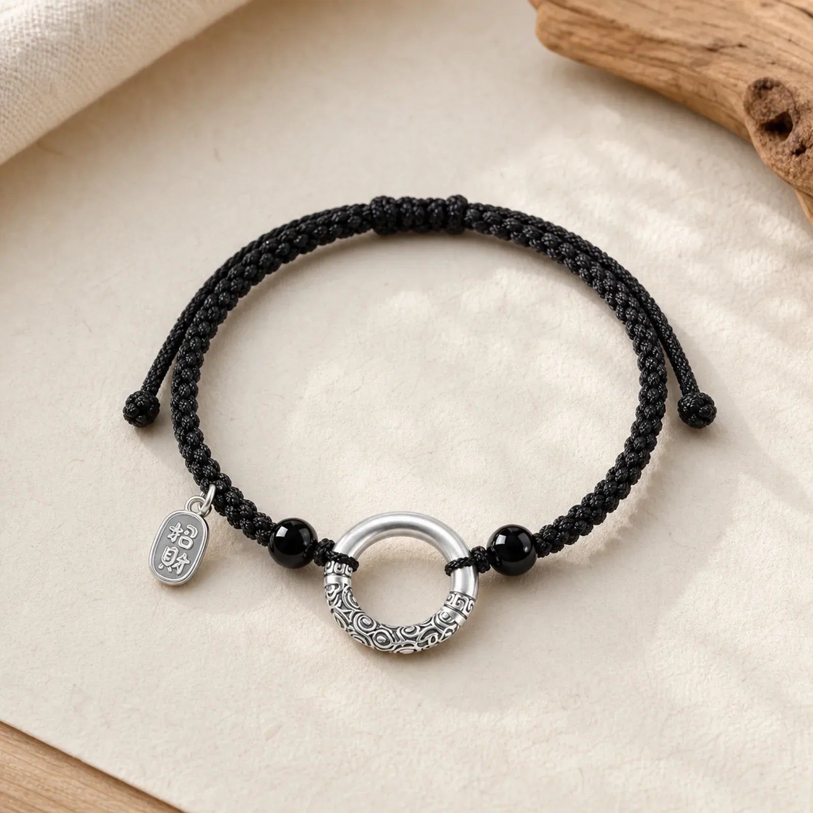 925 Sterling Silver Black Onyx Peace Buckle Fu Character Charm Bracelet featuring Silver, Black Onyx, Peace Buckle