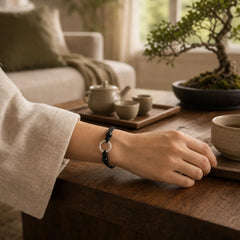925 Sterling Silver Black Onyx Peace Buckle Protection Bracelet featuring Silver, Black Onyx, Peace Buckle
