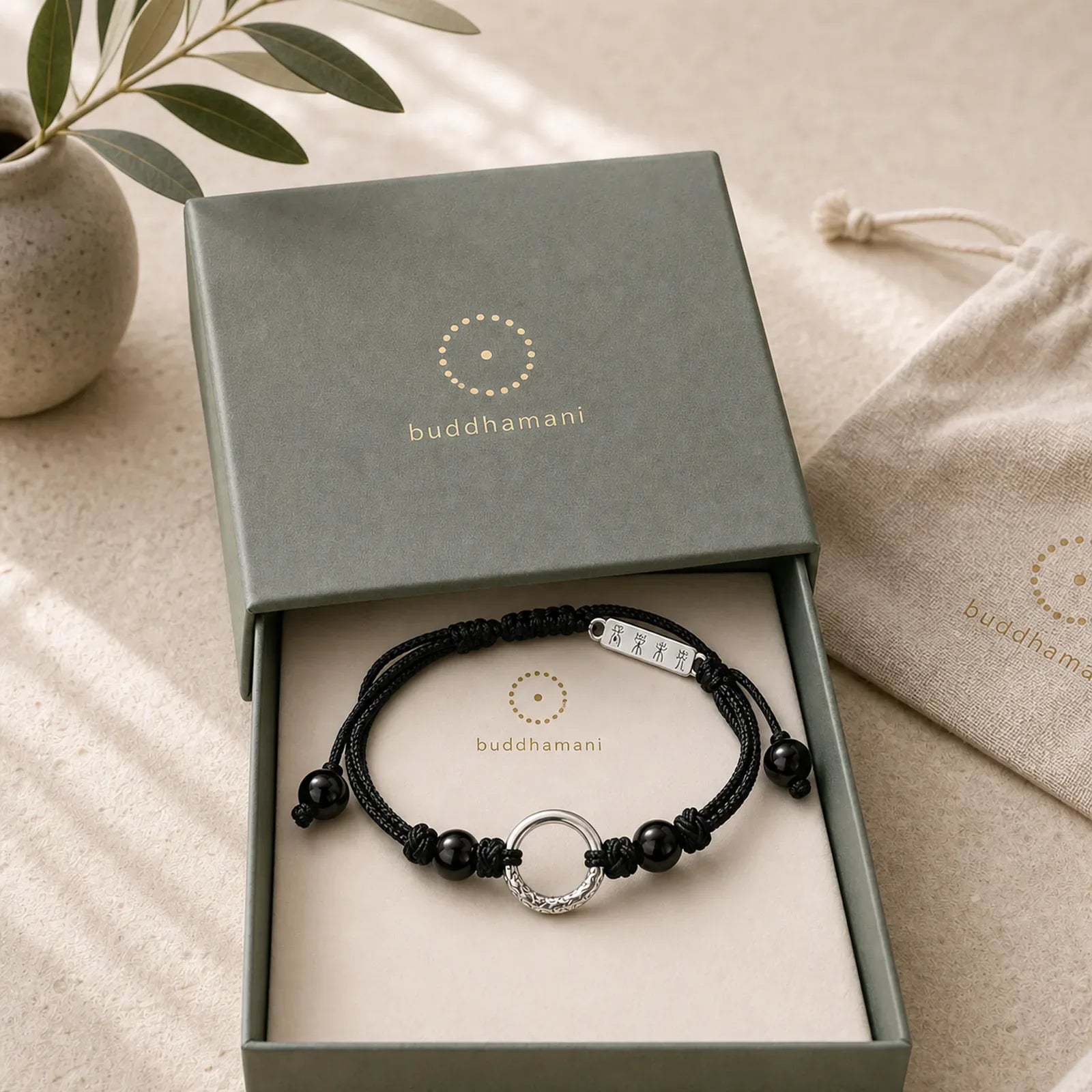 925 Sterling Silver Black Onyx Peace Buckle Protection Bracelet featuring Silver, Black Onyx, Peace Buckle