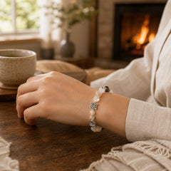 925 Sterling Silver Calico Cat Natural Agate Stone Protection Bracelet featuring Silver
