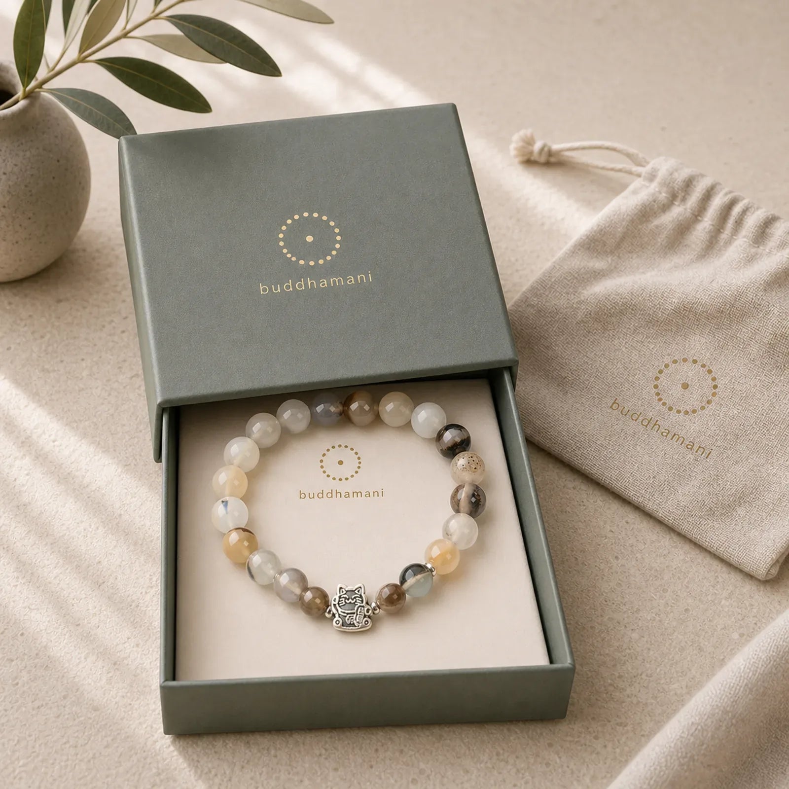 925 Sterling Silver Calico Cat Natural Agate Stone Protection Bracelet featuring Silver