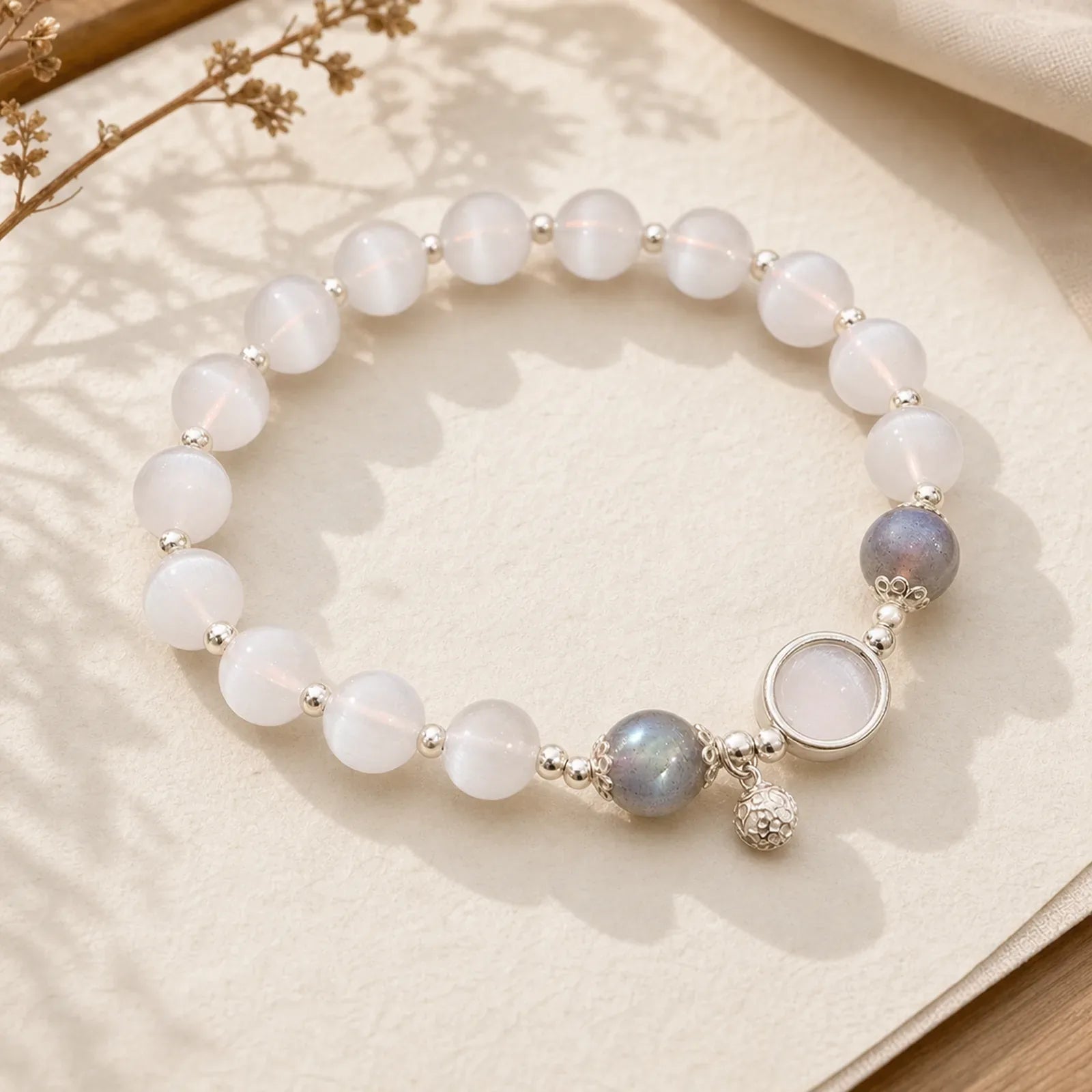 925 Sterling Silver Cat Eye Moonstone Love Support Bracelet featuring Silver, Moonstone, Cat's Eye / Chrysoberyl