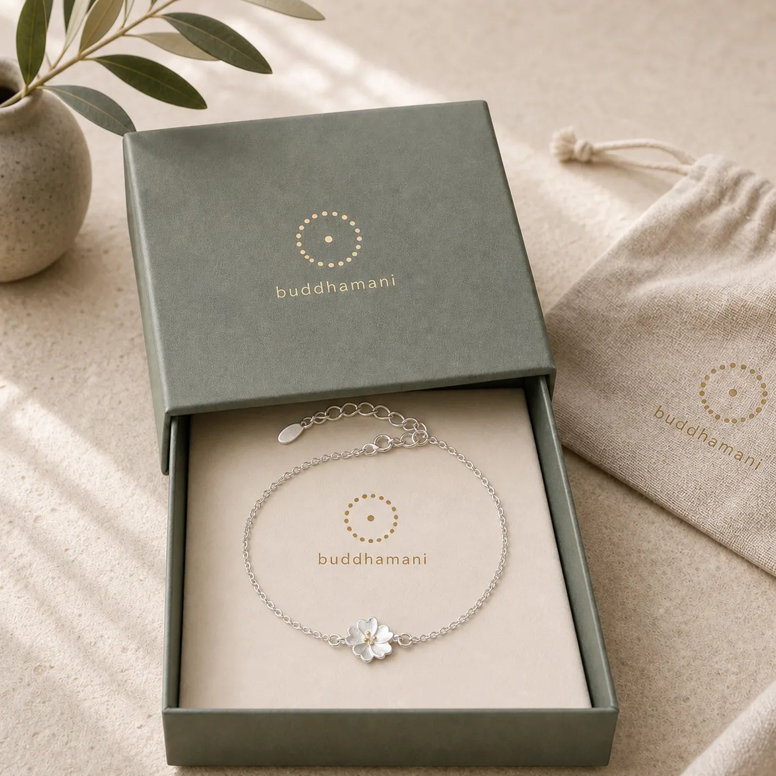 925 Sterling Silver Cherry Blossom Blessing Chain Bracelet featuring Silver