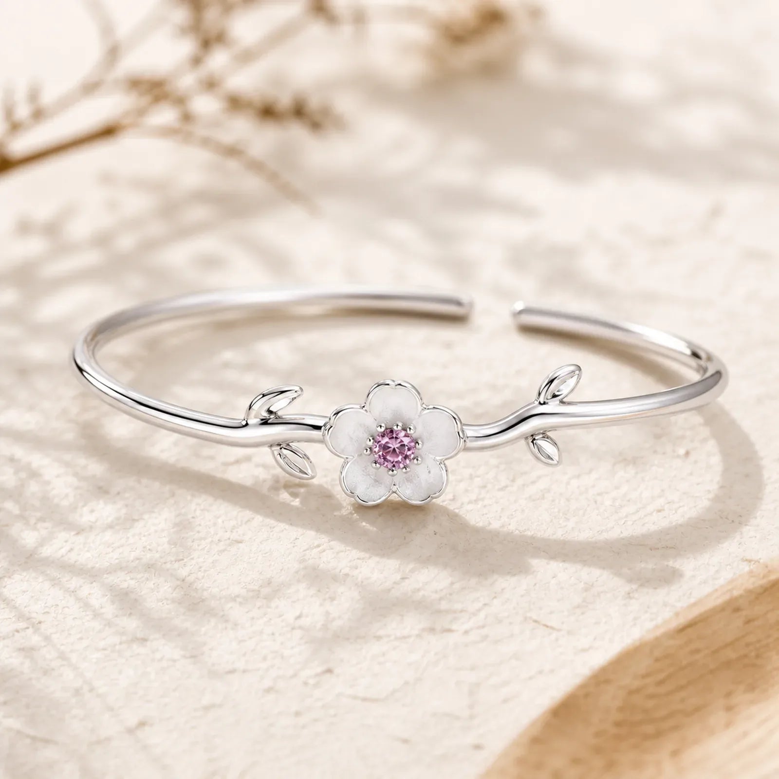 925 Sterling Silver Cherry Blossom Luck Bracelet Bangle featuring Silver