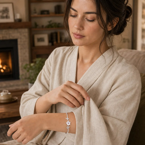 925 Sterling Silver Cherry Blossom Luck Bracelet Bangle featuring Silver
